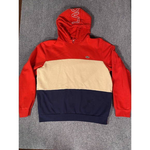 Lacoste Other - Lacoste Men's Hooded Colorblock Red Blue Cream Classic Sweatshirt Size XL